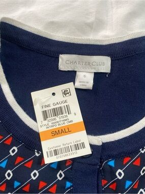 Charter Club Navy, White & Red Geometric Fine Gauge Cardigan